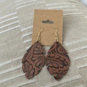 Brown Faux Leather Embossed Earrings